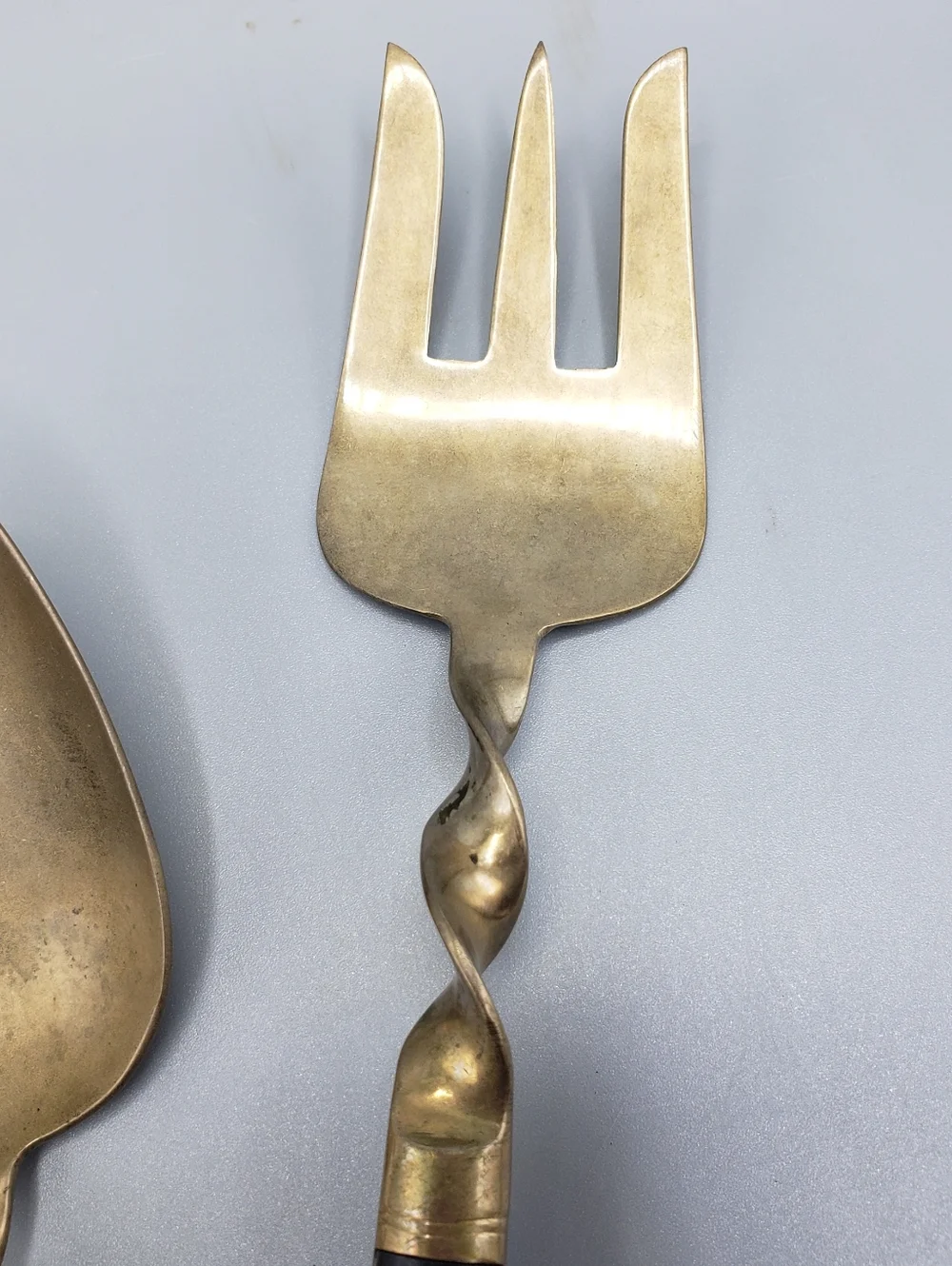 3p Brass Serving Set w/Twisted Details & Dark Wood Handles -Vintage Siam Buddha